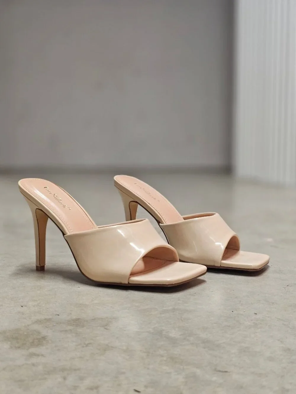 Nude Open-Toe Patent Leather High Heel Mules With Square Toe Design For Women
